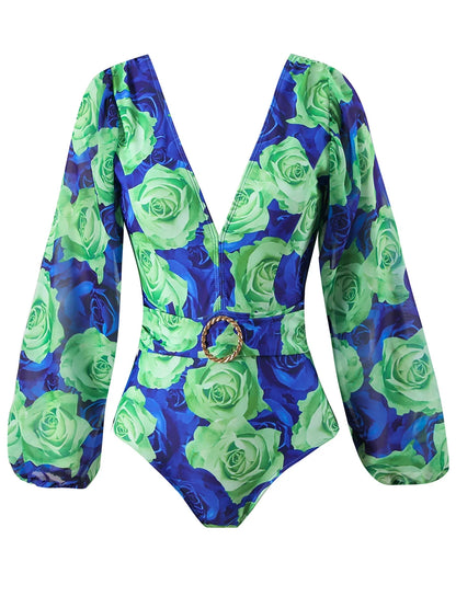 Rose Print V Neck Long Sleeve Swimsuit Women One Piece Swimwear Female Beachwear Bathers Bathing Swimming Swim Suit