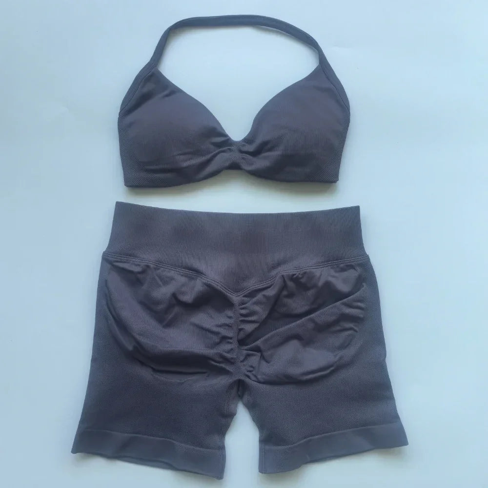 2PCS Gym Set Women Strappy Yoga Bra Top High Waist Workout Scrunch Shorts Sports Suit Seamless Yoga Set Fitness Clothes