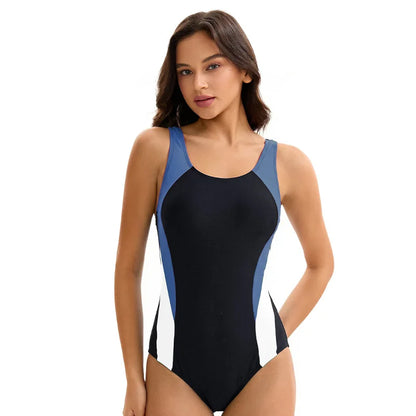Women's Color Block One Piece Swimsuit Conservative Sporty Sleeveless Bathing Suit for Diving Surfing Bathers