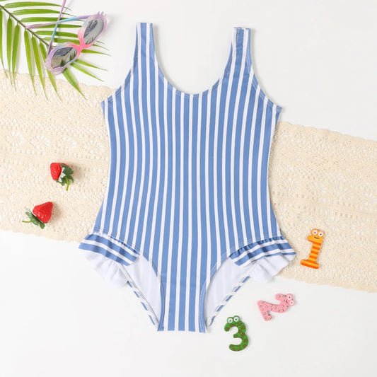 Teenage Girls Striped Ruffle One Piece Swimsuit 7-12 Years Retro Children's Swimwear Teens Bathing Suits for Kids Beachwear