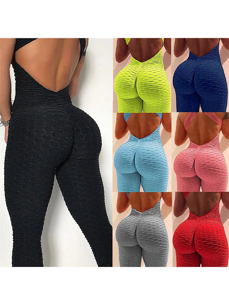 BWQ Women's Sports Suit Sleeveless Backless Jumpsuits Costume Quick Dry Gym Bodysuit Tracksuit Fitness Tights Scrunch Leggings