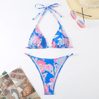 Halter Printed Bikini Women Thong Swimwear Female Triangle Swimsuit Bathers Bathing Swimming Swim Suit Beachwear Summer