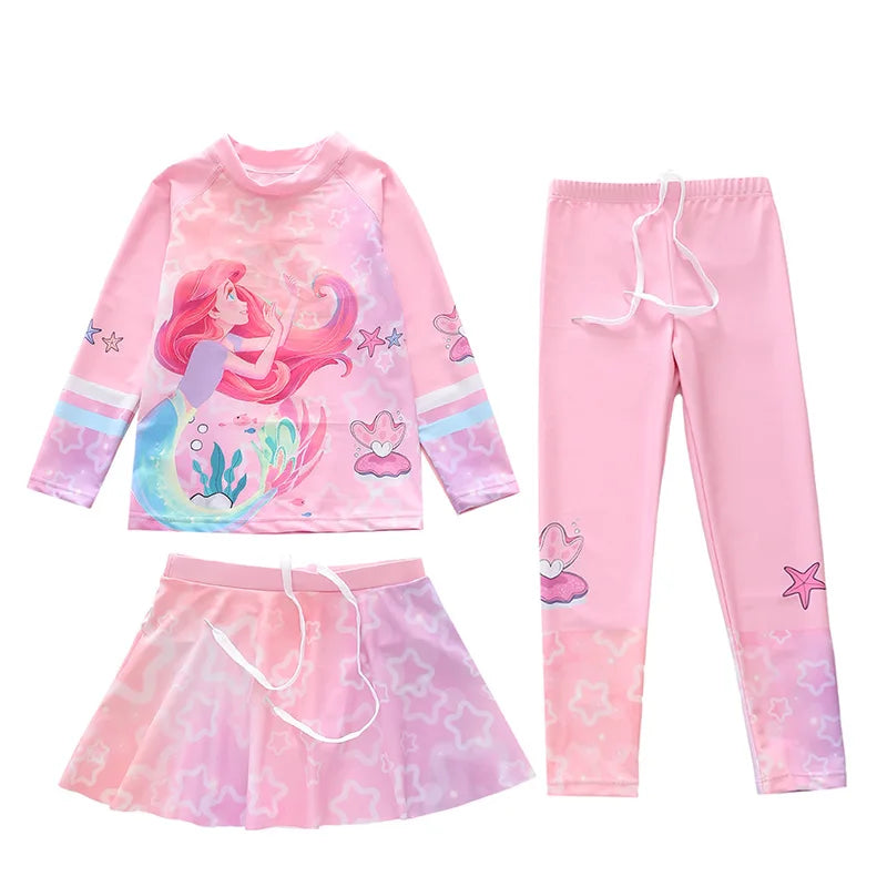 Swimsuit for Children Long Sleeve Rash Guard Swim Skirt and Surf Pant Set Sunscreen UV Protection Beach Kids Bath Clothes Girl