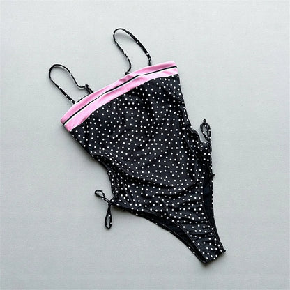Splicing Dots Printed Lace Up One Piece Swimsuit Women Swimwear Female High Leg Cut Monokini Bather Bathing Suit Swim