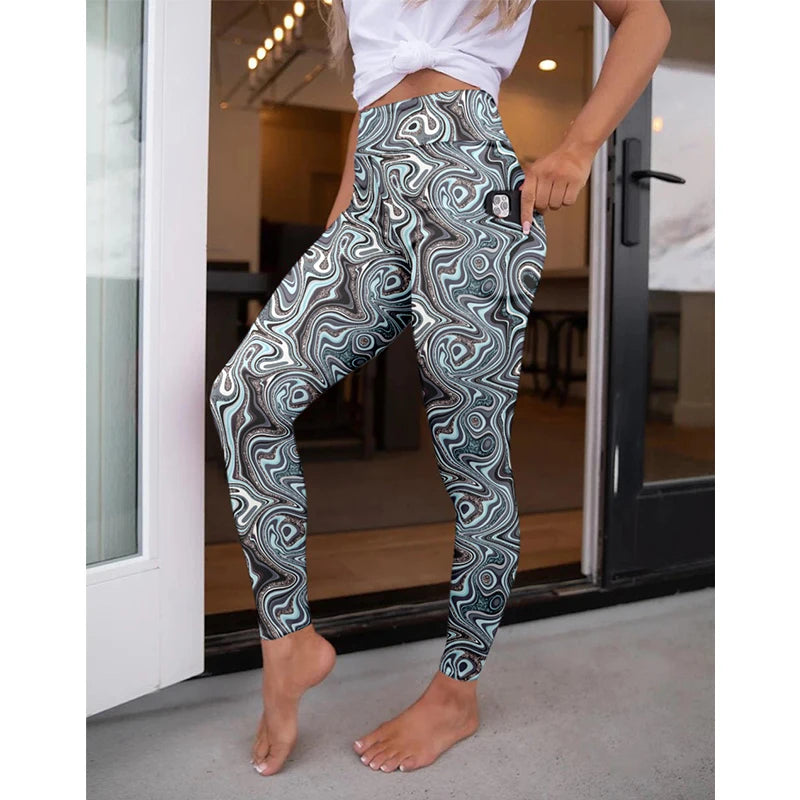 High Waist Women's Fitness Leggings 3D Digital Print Sexy Pocket Elastic Pants Fashionable Gym Trousers
