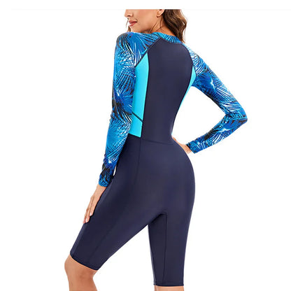 Rash Guard Bodysuit Swimsuit Women Fashion Printed Patchwork Surf suit Female Long Sleeve Zippper Beach Party Swimwear