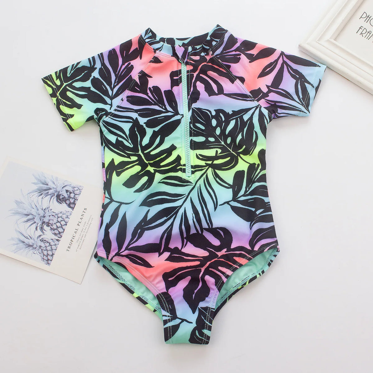 Girls' Long-Sleeve One-Piece Swimsuit – Pink or Leaves