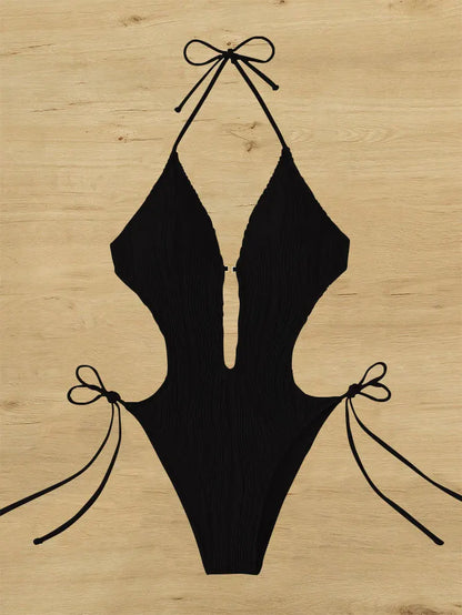 Cikini-Cut Out Tie Side Halter Swimsuit for Women, Monochromatic, Beach Swimwear, Bathing Suit, Summer