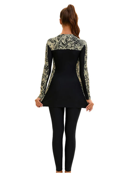 Modest Printed Swimwear Set Women's Long Sleeve Zip-Up Burkini with Skirt & Pants