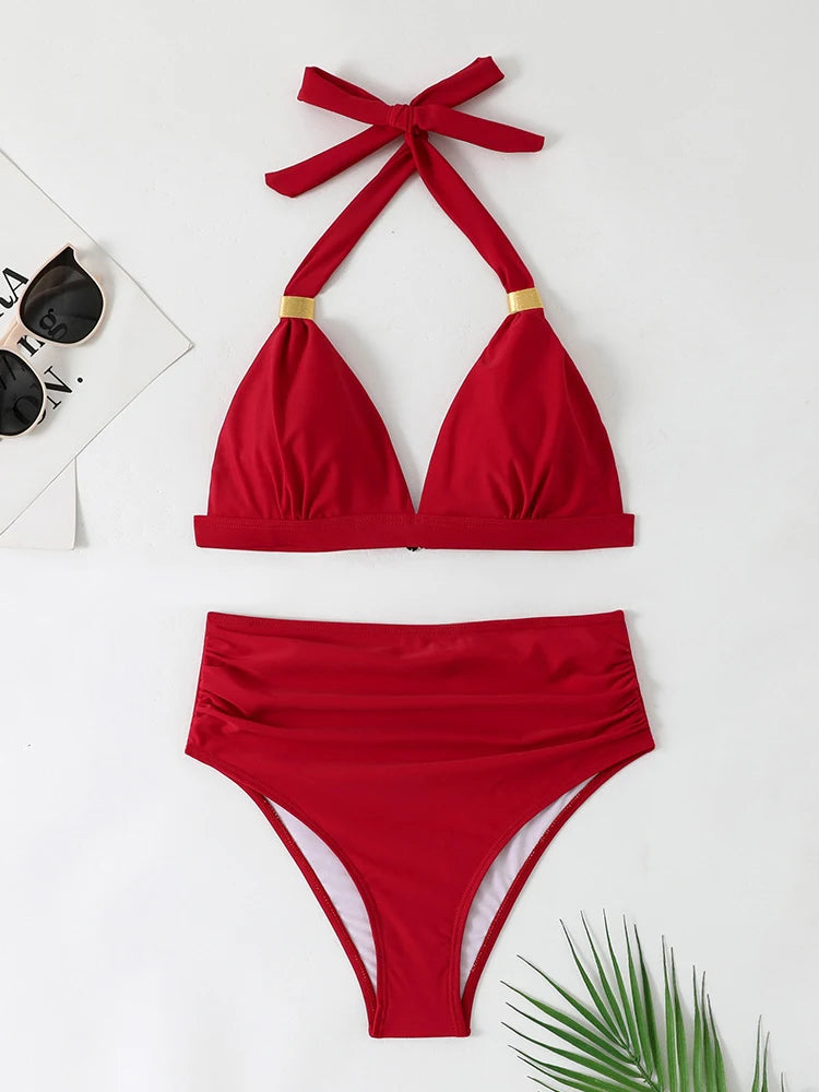 Solid Bathing Suit Women Two-piece High Waisted Chic Split Swimsuit Neck-mounted Low Cut Backless Beachwear Summer New