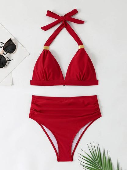 Solid Bathing Suit Women Two-piece High Waisted Chic Split Swimsuit Neck-mounted Low Cut Backless Beachwear Summer New