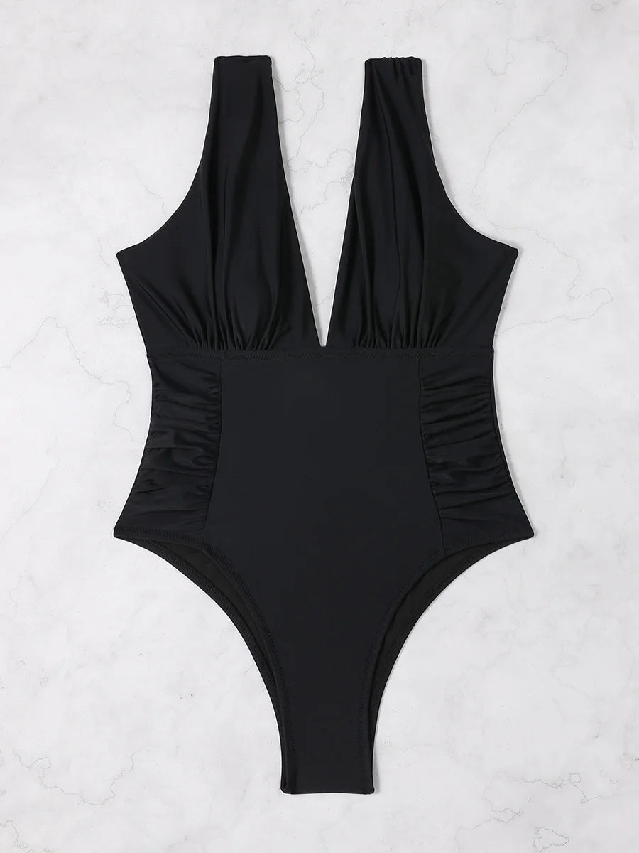 V Neck Solid Bodysuit One Piece Swimsuit Swimwear Women Bathing Suit Female Swimming Summer Beachwear Bodysuit