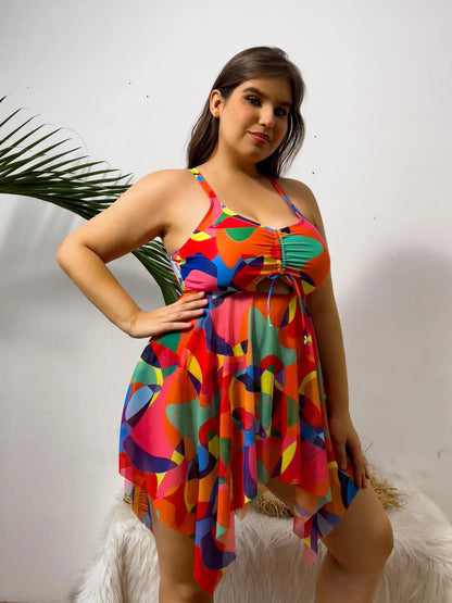 Color Print Strapped 2 Piece Plus Size Tankini Set Women Large High Waist Big Swimsuit Brazilian Lady Curvy Bathing Suit