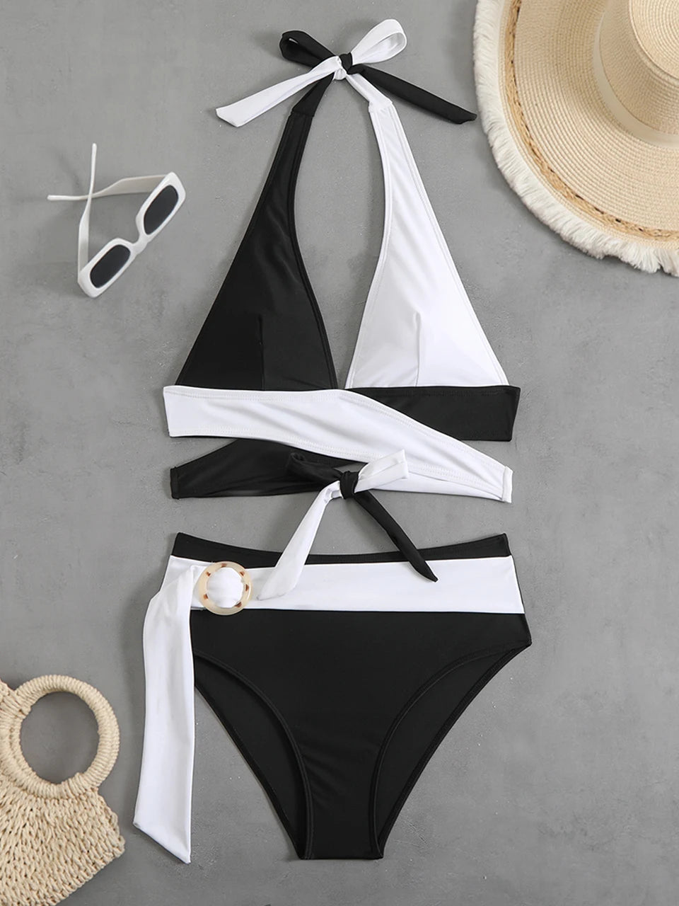 Halter Bikini  Criss Cross Solid Swimsuit High Waist Swimwear Female Bathers Bathing Swimming Suit Padded Beachwear