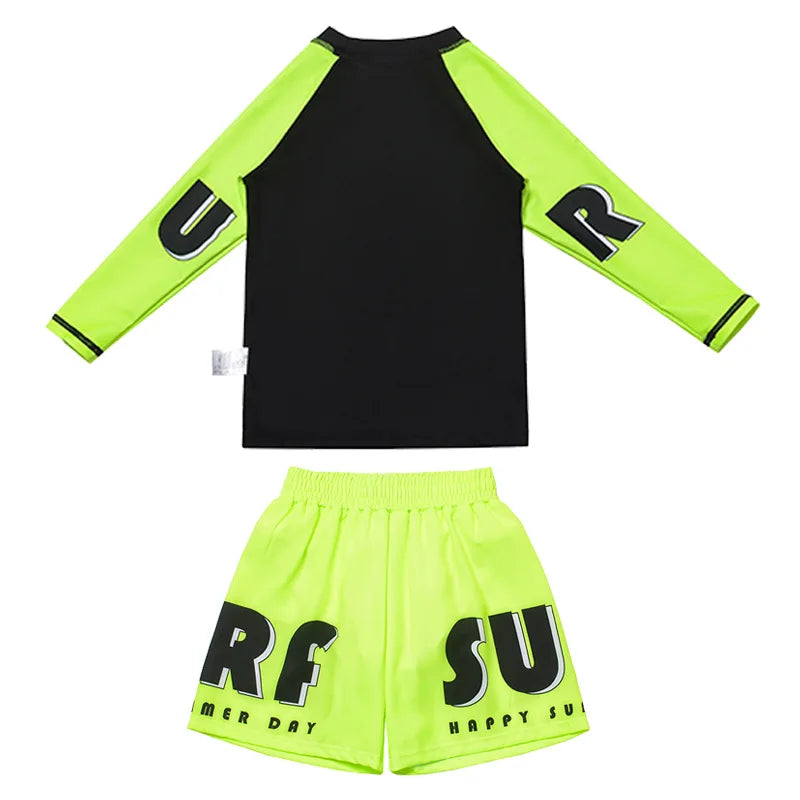 3 Pcs New Boy's Swimsuit Sun Protection UPF 50+ Long Sleeve Swimming Sunsuit With Hat Split Children Fluorescent Bathing Suits