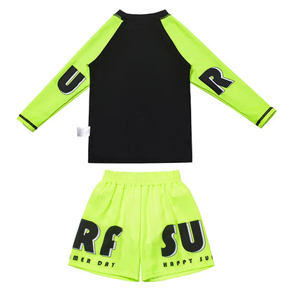 3 Pcs New Boy's Swimsuit Sun Protection UPF 50+ Long Sleeve Swimming Sunsuit With Hat Split Children Fluorescent Bathing Suits