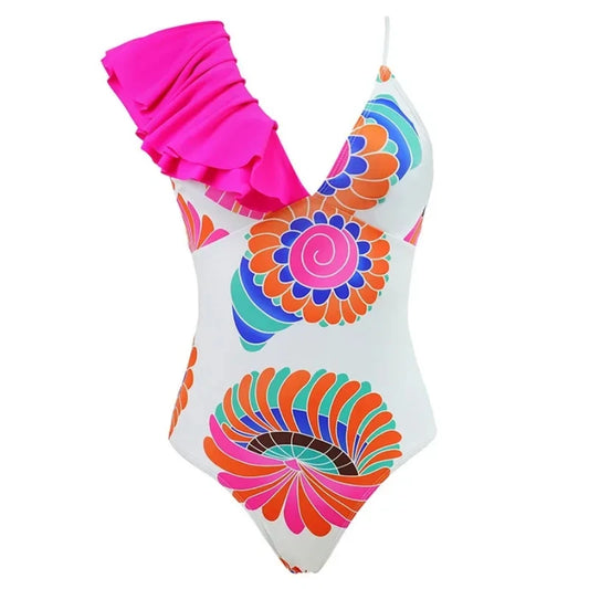 One Piece Swimsuit Swimwear Women Big Ruffle V-neck Print Beachwear Bathing Suit