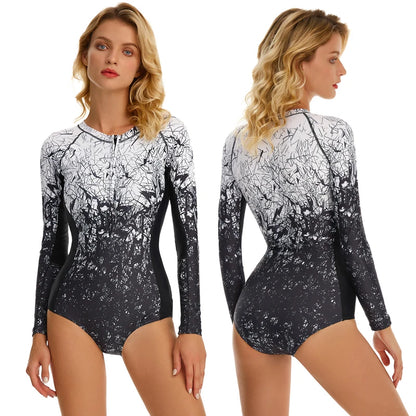 Women 2XL Diving Rashguard Long Sleeve UV Sun Protection Swimsuit Zipper Swimwear Printed Surfing Suit Rash Guards Bathing Suit