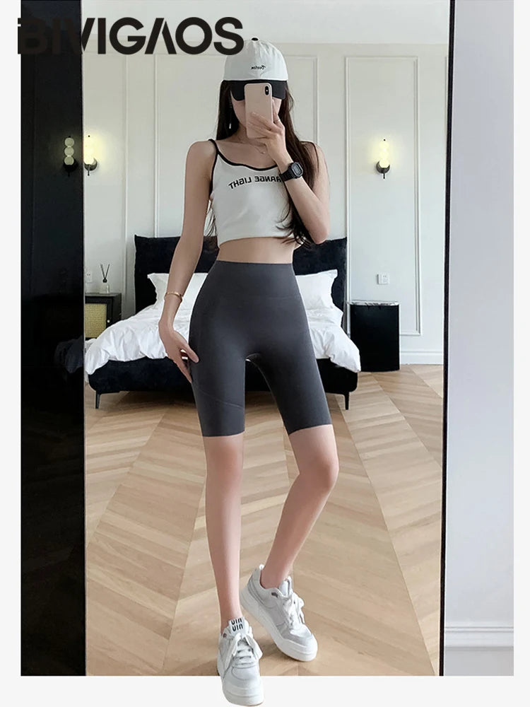 Side Pocket Biker Sharkskin Shorts Leggings Women Summer High Waist Thin Slim Skinny Yoga Running Sport Cycling Shorts