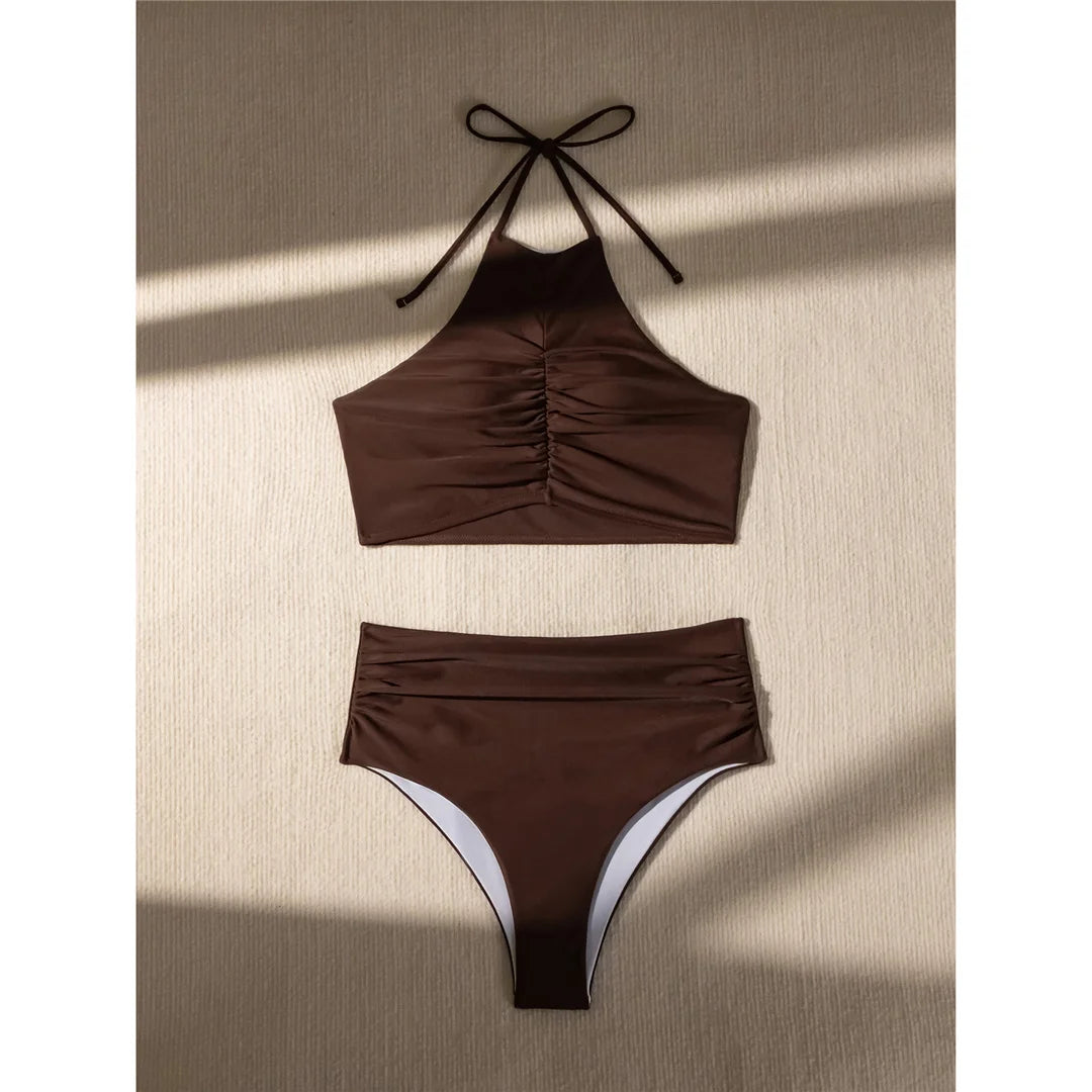 Halter Wrinkled High Neck Female Swimsuit High Waist Bikini Women Swimwear Two-pieces Bikini set Bather Bathing Suit Swim