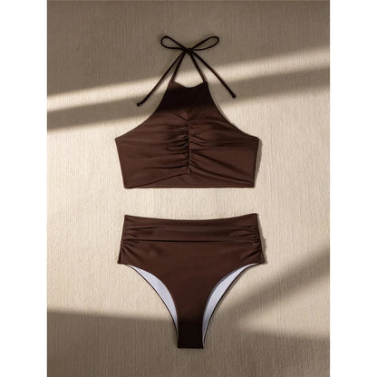 Halter Wrinkled High Neck Female Swimsuit High Waist Bikini Women Swimwear Two-pieces Bikini set Bather Bathing Suit Swim
