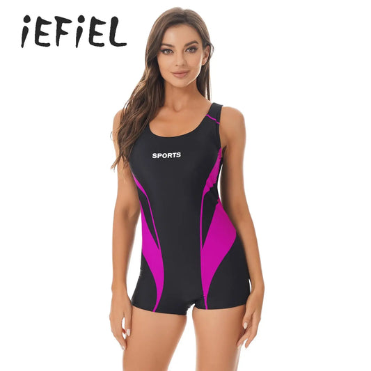 Women One Piece Modest Swimsuit Boy short Sleeveless Rashguard Swimwear Contrast Athletic Bathing Suit Bodysuit Surf Wear
