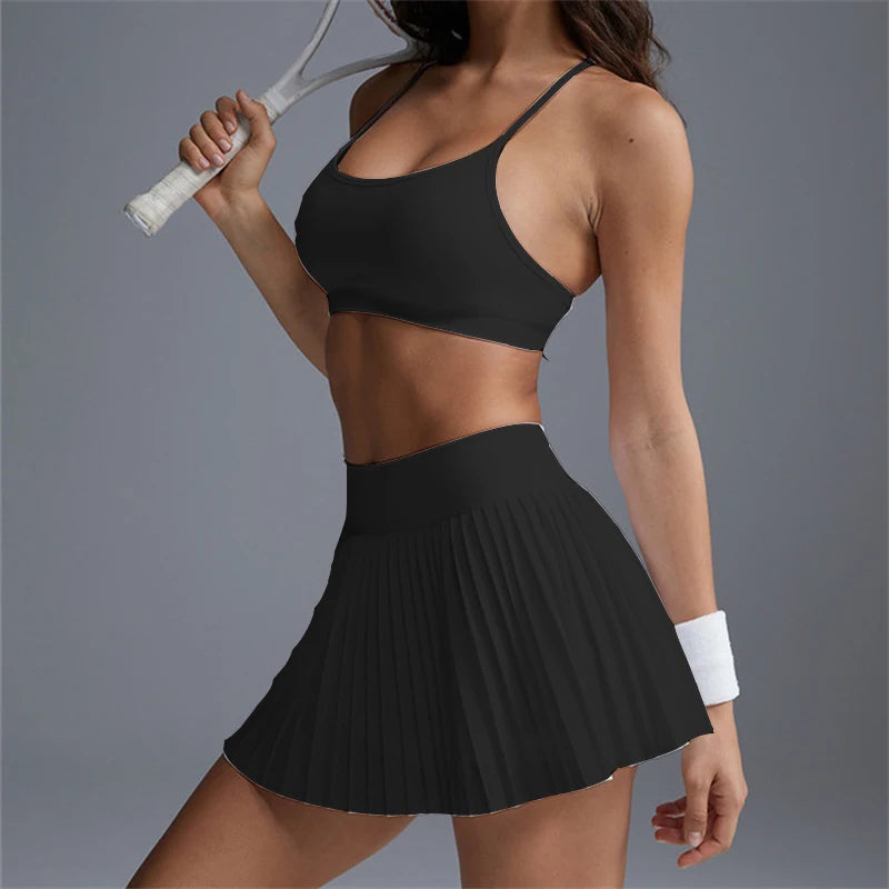 2PCS Seamless Sport Bra Women Anti Shorts Yoga Set Tracksuit Chiffon Running High Waist Skirt Fitness Active Suits Wear