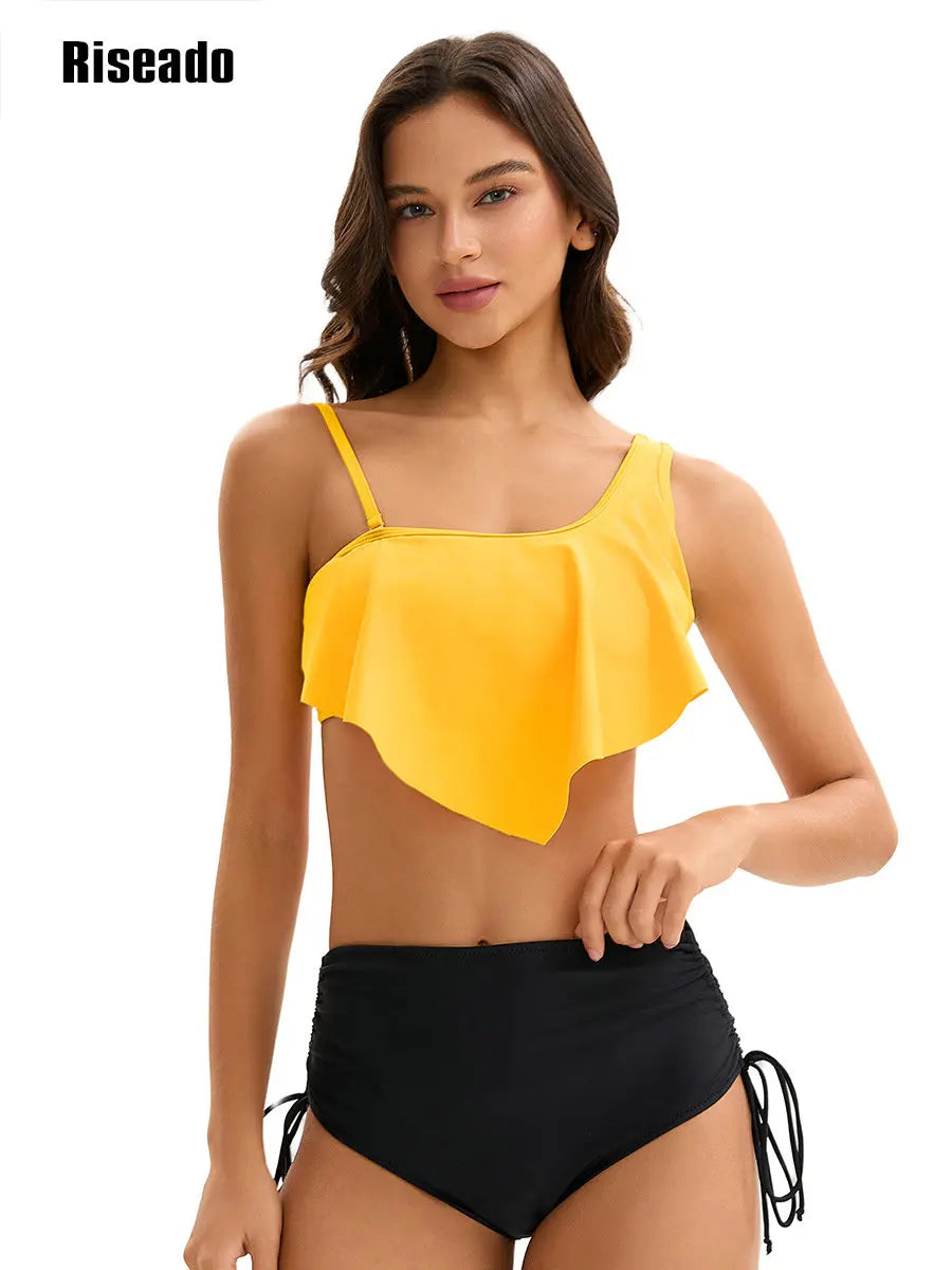 Ruffle Bikinis for Women Scoop Neck Swimsuits Lace Up One Shoulder Bikini Sets High Waist 2 Piece Bathing Suits