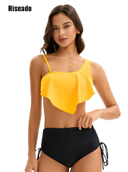 Ruffle Bikinis for Women Scoop Neck Swimsuits Lace Up One Shoulder Bikini Sets High Waist 2 Piece Bathing Suits
