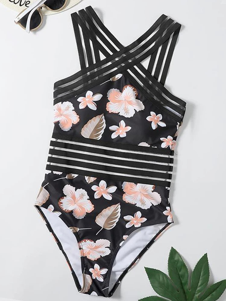 Mesh Tape Swimsuit One Piece Leopard Swimwear Women Cross High Neck Bathing Suit Female Swimming Summer Beachwear