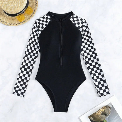 Plaid One-Piece Swimsuits Closed Long Sleeve Swimwear For Sports Surfing Bodysuit Women Swim Bathing Suit Beachwear Pool Bather