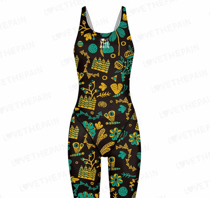 Love The Pain Women Racer Back Bodysuit Knee Length Swimsuit Professional Sports Training Swimwear Backless Athletic Swimsuit