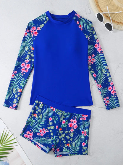 Long Sleeve Surfing Swimsuit Print Swimwear Women Two Pieces Diving Clothes Beachwear Bathing Swimming Swim Suit