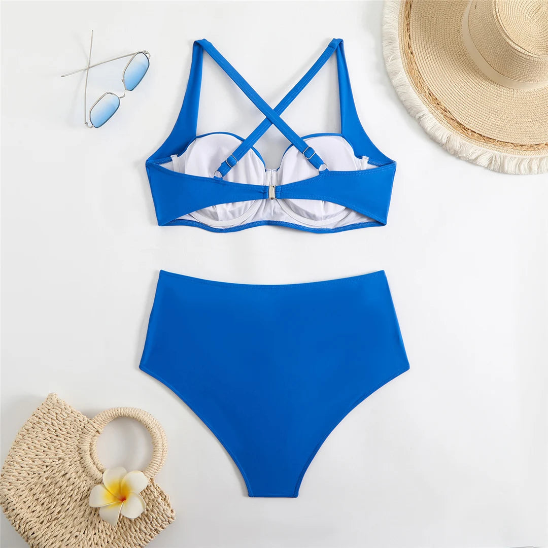 Pleated Underwired Padded Female Swimsuit High Waist Bikini Women Swimwear Two-pieces Bikini set Bather Bathing Suit Swim