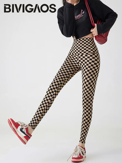 Checkerboard Plaid Shark Leggings Women High Waist Tight Slim Push Up Leggings Seamless Sports Fitness Leggings