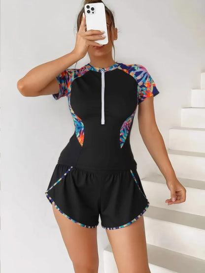 Two Piece Swimsuit Women Print Zipper Short Sleeve Shorts Swimwear Summer Tankini High Waist Beach Bathing Suit Female