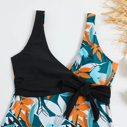 Tropical Print Swimsuit One Piece Knot Side Belted Swimwear Women Padded Bathing Suit Female Swimming Summer Beachwear