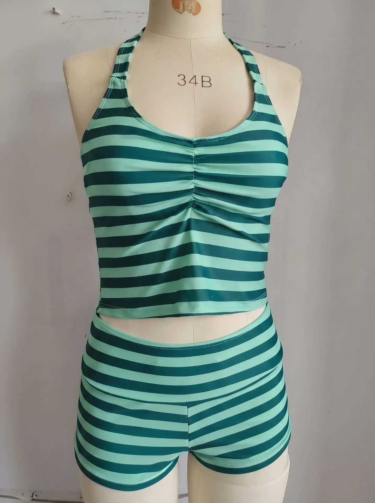 Striped Halter Tankini Set – 2-Piece Ruched Top & Boyshort Swimsuit