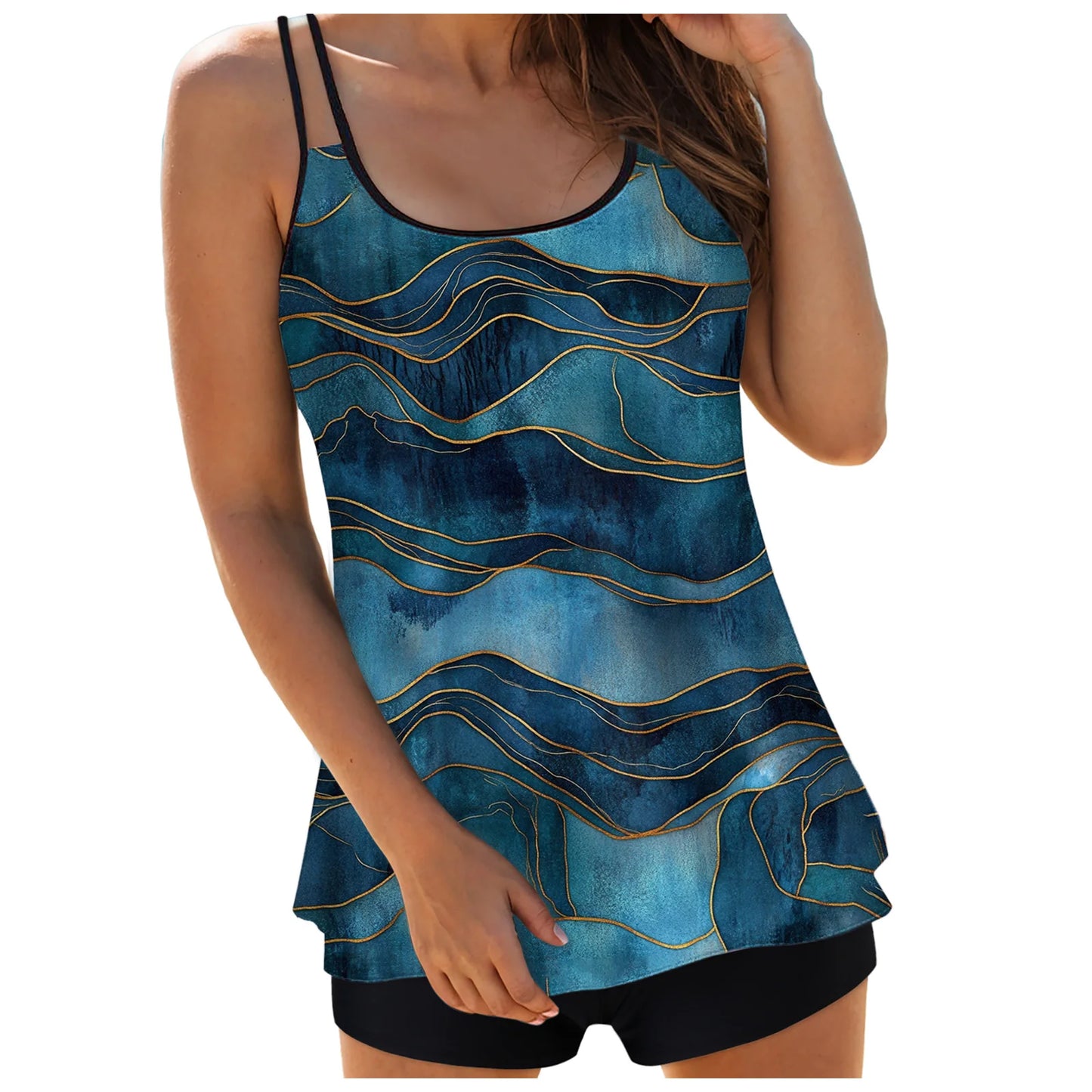 Women's Abstract Print Tankini Swimsuits Double Stretch Strap Crew Neck Cover Tummy Tops and Solid Shorts Conservative Swimwear