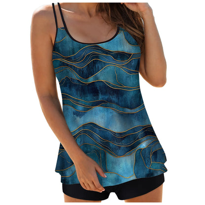Women's Abstract Print Tankini Swimsuits Double Stretch Strap Crew Neck Cover Tummy Tops and Solid Shorts Conservative Swimwear