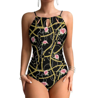 Gold Chains Print SwimsuitTropic Parrots Female Swimwear One Piece Vintage Swimsuits Beach Push Up Cut Out Bathing Suits