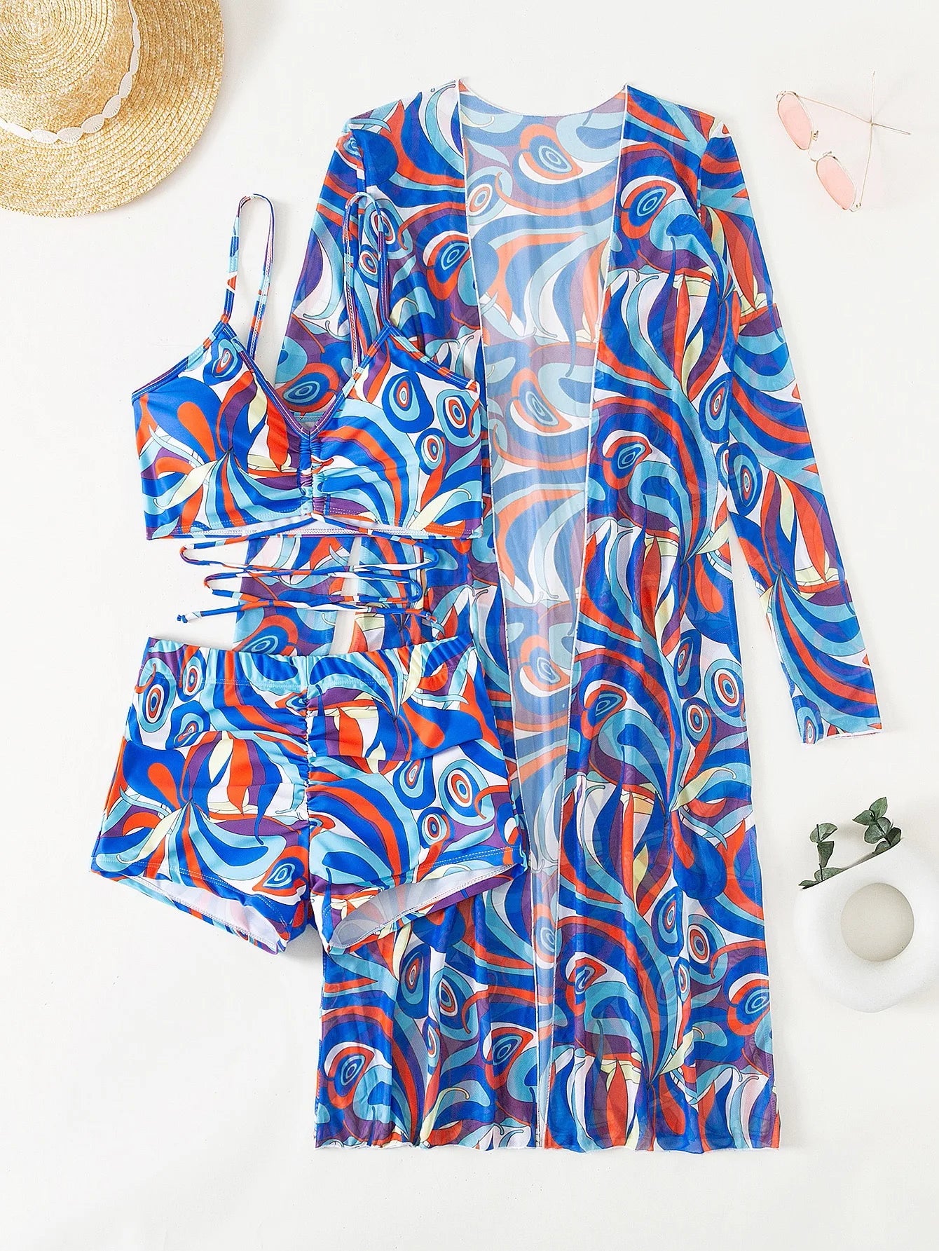 3 Pieces  Print Bikini Women High Waist Swimsuit Cover Up Swimwear Female Lady Bathing Suit Swimming Summer Beachwear