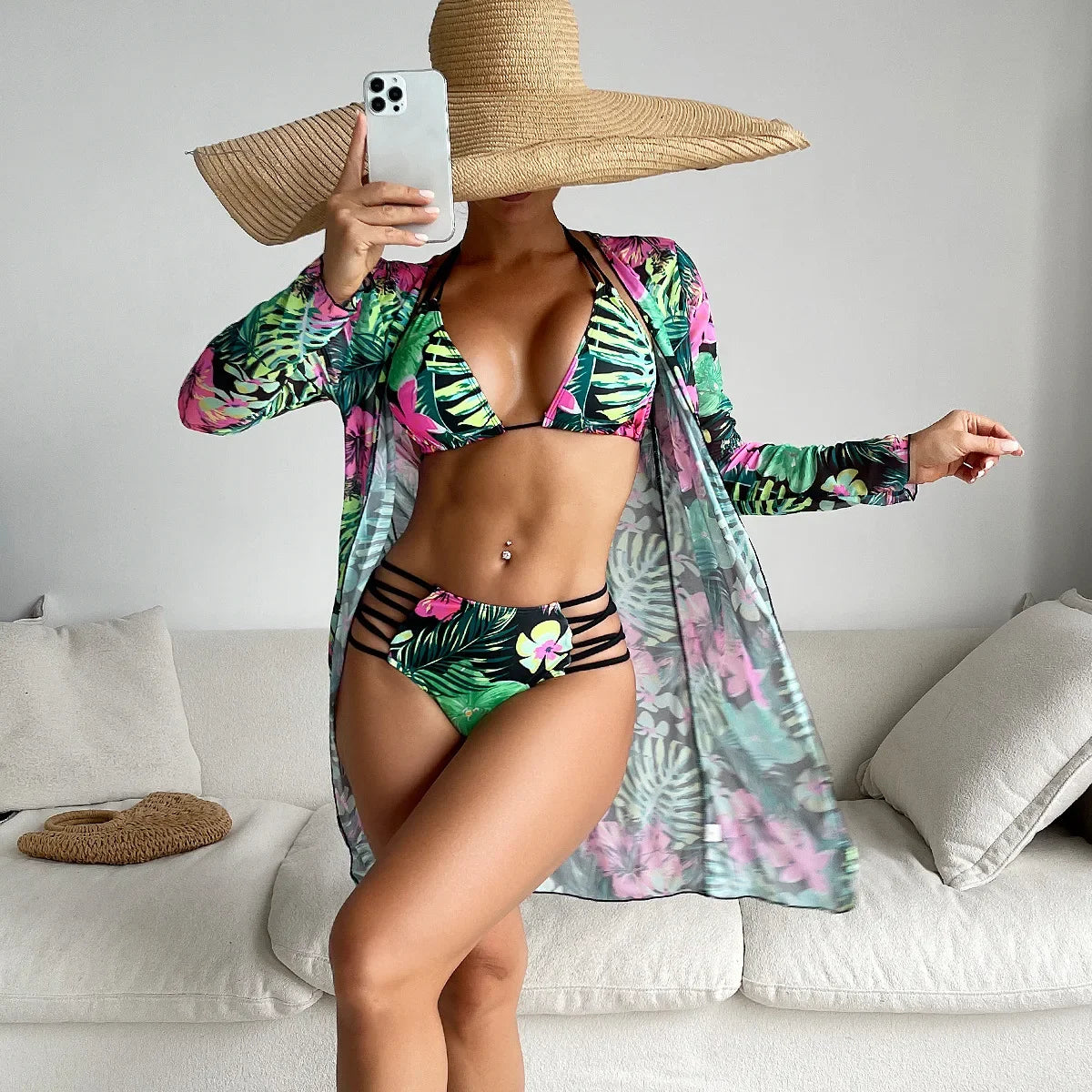Print Swimsuit Women Hollow Out Bikini Bathing Suit Long Sleeve Cover-Ups Summer Swimwear Holiday Three-piece Beachwear Bikini