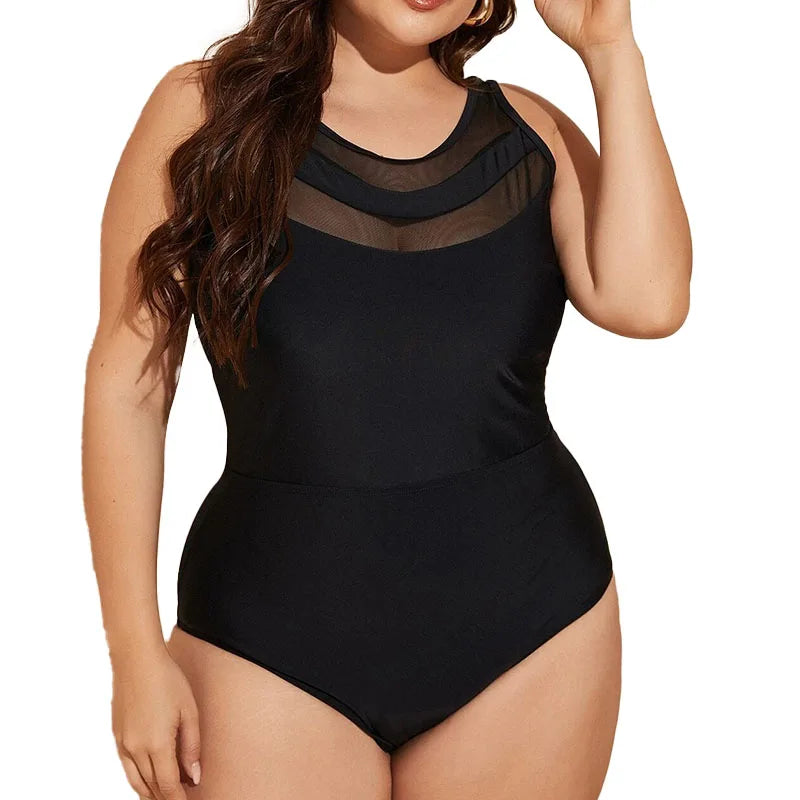 Mesh Black Swimsuit One Piece Large Plus Size Swimwear Women One-piece Suits Beachwear Bathing Swimming Suit Female 4XL