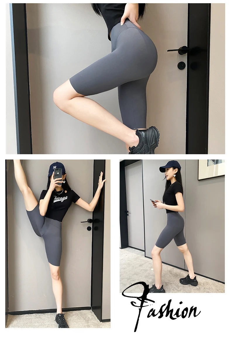 BIVIGAOS Summer Basic Cycling Shorts Women Casual Sharkskin Knee Length Short Legging High Waist Tight Sport Running Biker Short