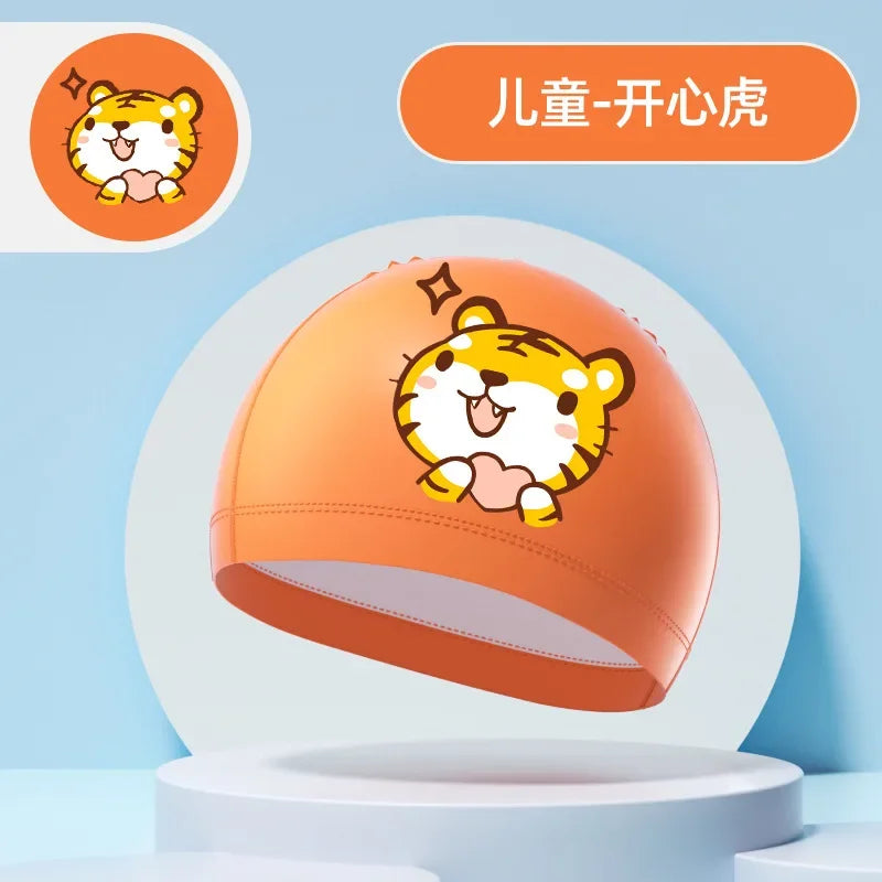 Children's Swimming Caps Boys Girls Kids Cartoon Swim Hat High Elastic Ear Protection PU Waterproof Swimming Cap