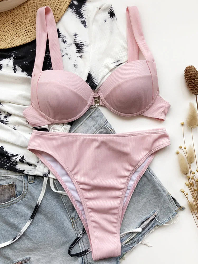 Ribbed Bra Cup High Waist Bikini Women Swimsuit Female Swimwear Two Pieces Bikini set Push Up Bather Bathing Suit Swim Lady