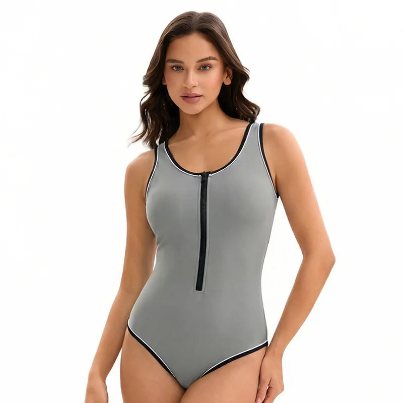 Tummy Control Swim Suits for Women Slimming One Piece Swimsuit Modest Bathing Suit Zipper Front  Solid Swimwear