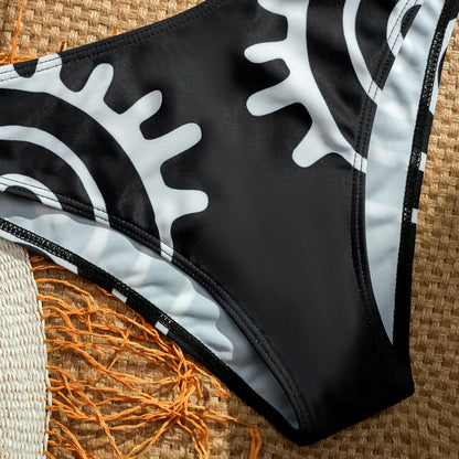 Vintage Black Floral Print Bikini Set Women Starfish Ornament Push Up Bra High Waist Swimsuit Holiday Bathing Suit Swimwear