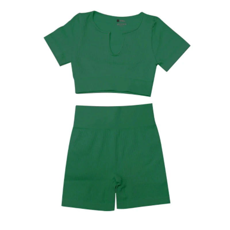 Ribbed Yoga Clothing Sets Women High Waist Shorts Short Sleeve Two Piece Set Seamless Tracksuit Fitness Workout Outfits Gym Wear